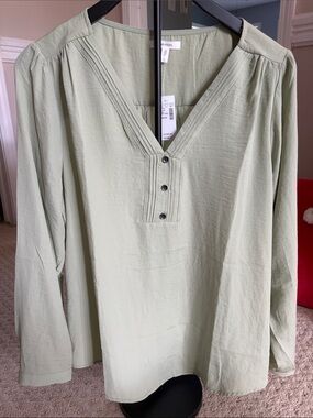 Maurices Light Sage Green V-Neck Button Pintuck Blouse